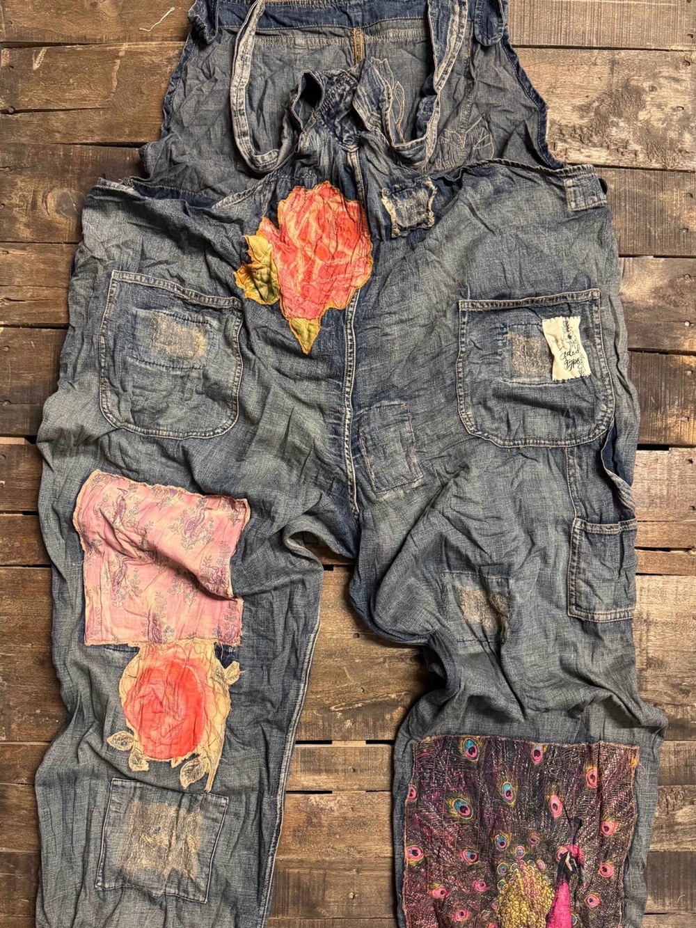 Jaded Gypsy Floral Patchwork Denim Overalls - Pink & Yellow Embroidered Design - Picture 2 of 9